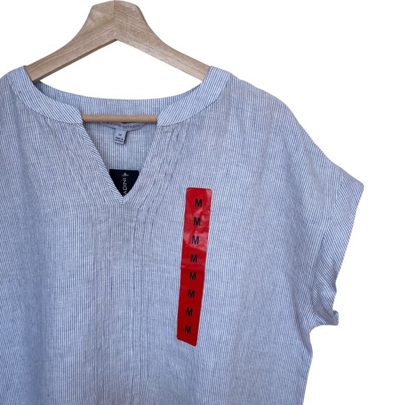 Adrienne Vittadini 100% Linen Blue White Striped Chambray Cap Sleeve Top Size M - Picture 5 of 14